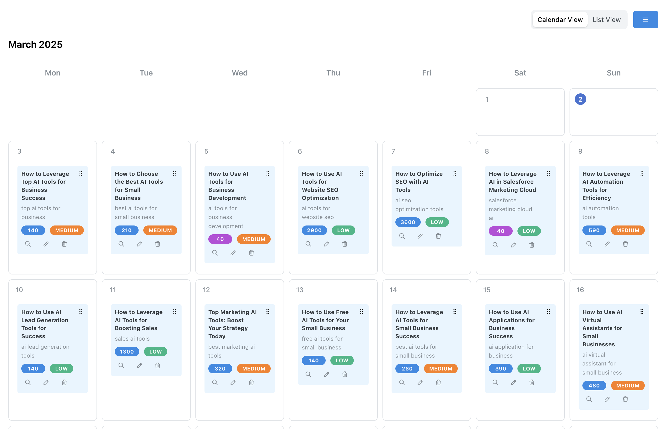 Emplibot AI Content Planner Calendar Interface